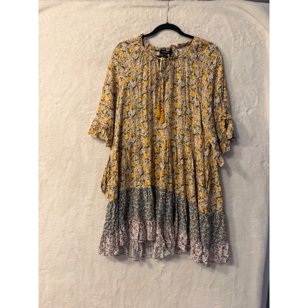 GIGIO USA Yellow‎ Floral Tiered Boho Mini Dress Tassel Tie TC1910 Medium